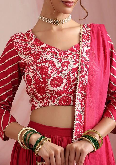 Pink Printed Blended Lehenga Choli