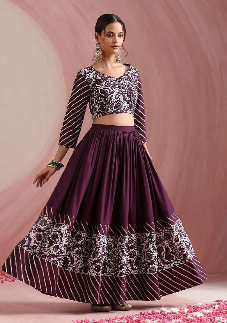 Purple Printed Blended Lehenga Choli - Indya