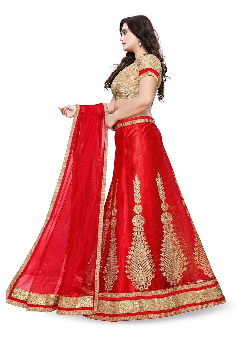 Red Emboridered Blended Lehenga Choli - Indya