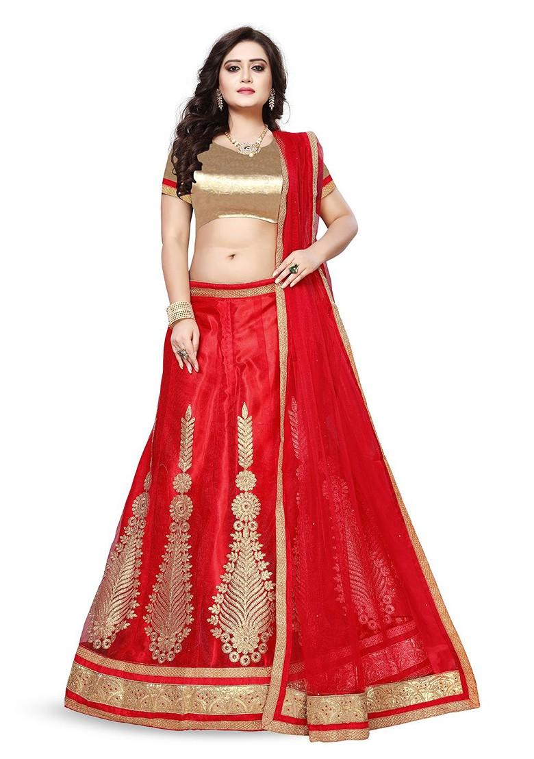 Red Emboridered Blended Lehenga Choli - Indya