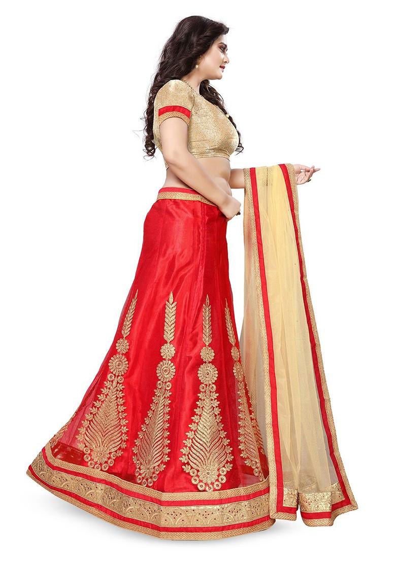 Red Emboridered Blended Lehenga Choli - Indya