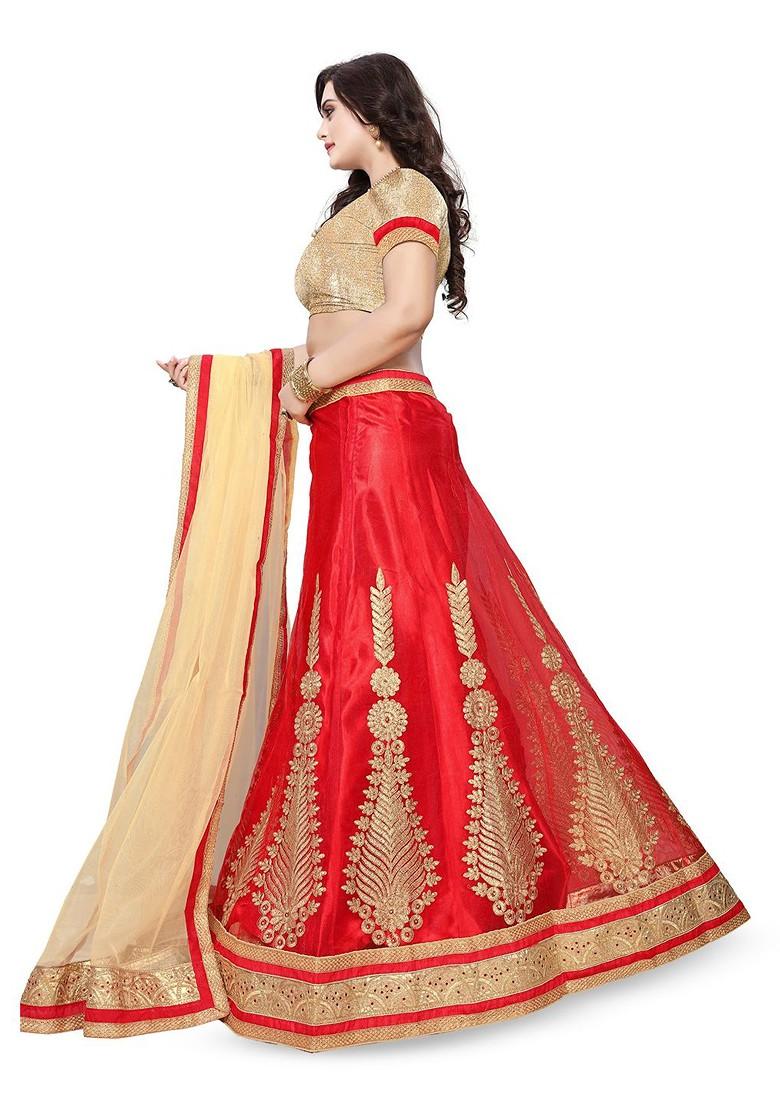 Red Emboridered Blended Lehenga Choli - Indya