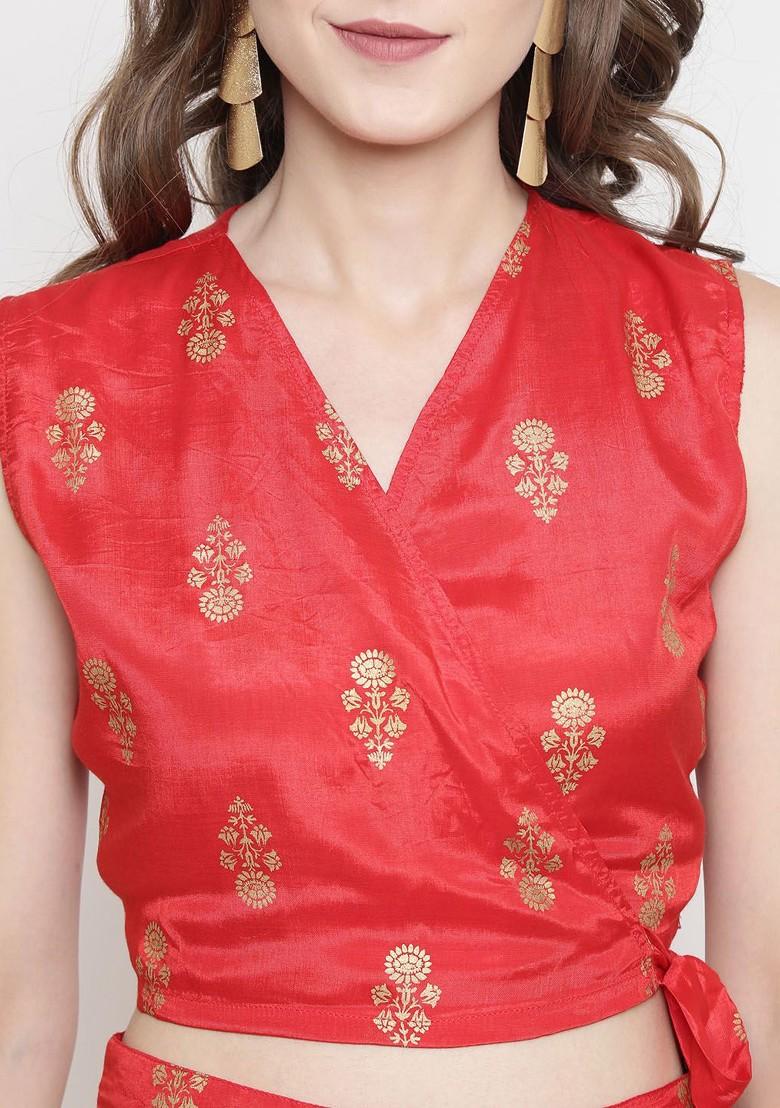 Red Emboridered Blended Lehenga Choli - Indya