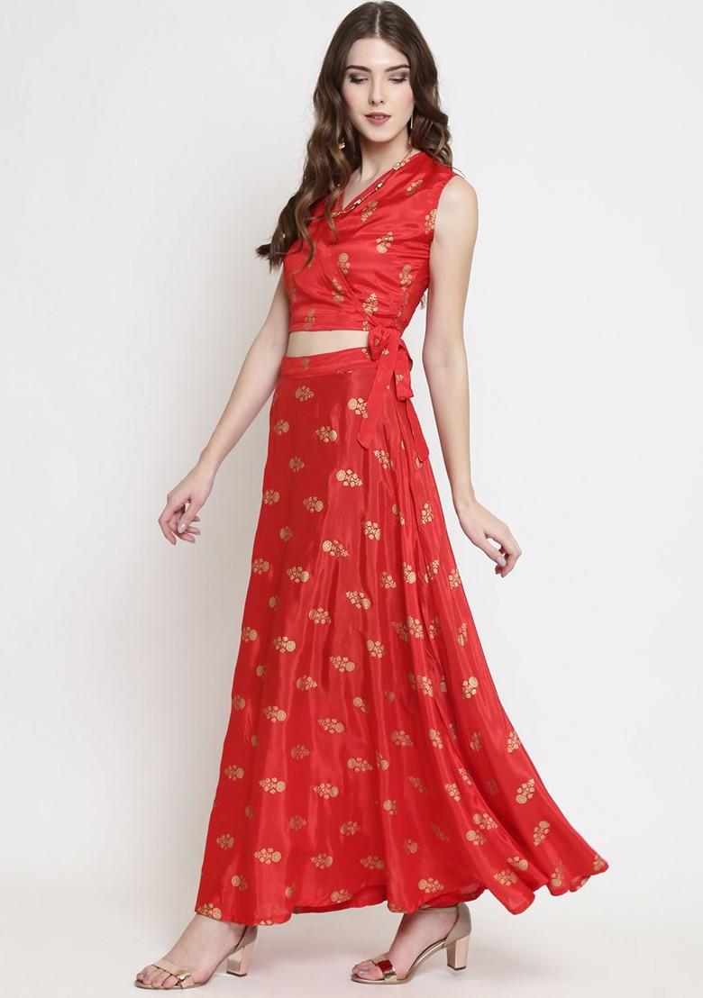 Red Emboridered Blended Lehenga Choli - Indya