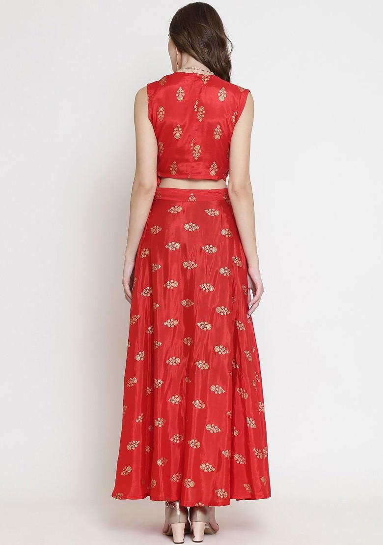 Red Emboridered Blended Lehenga Choli - Indya