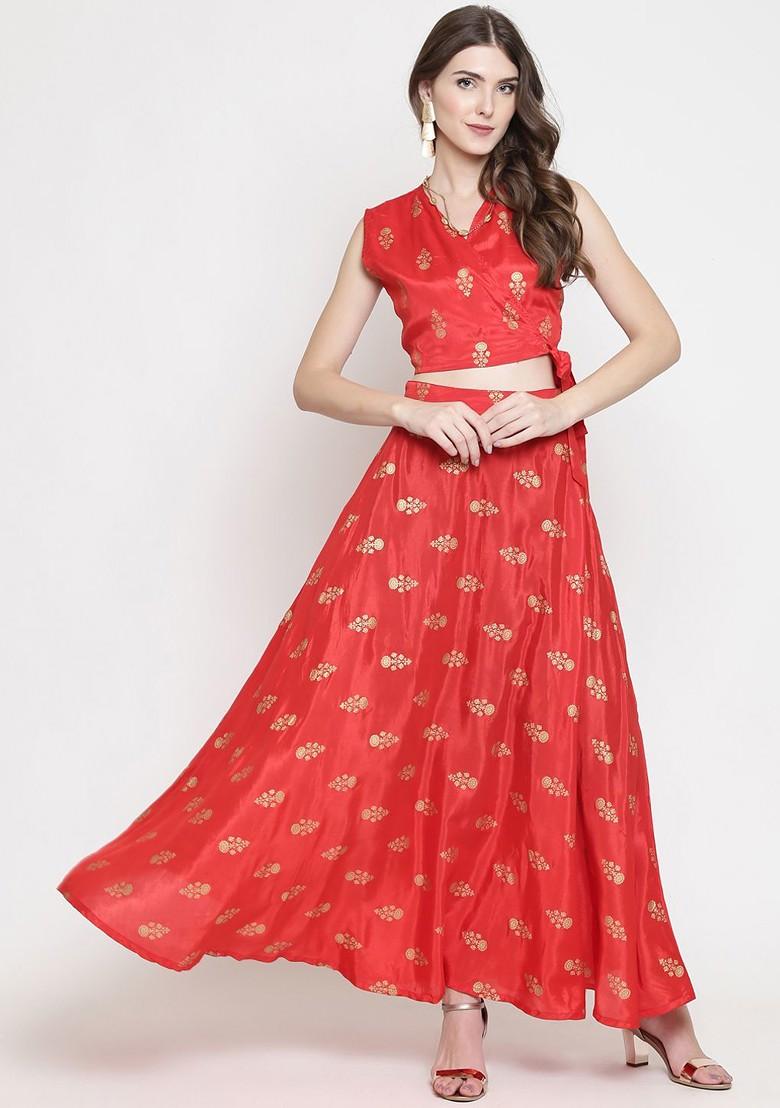 Red Emboridered Blended Lehenga Choli - Indya