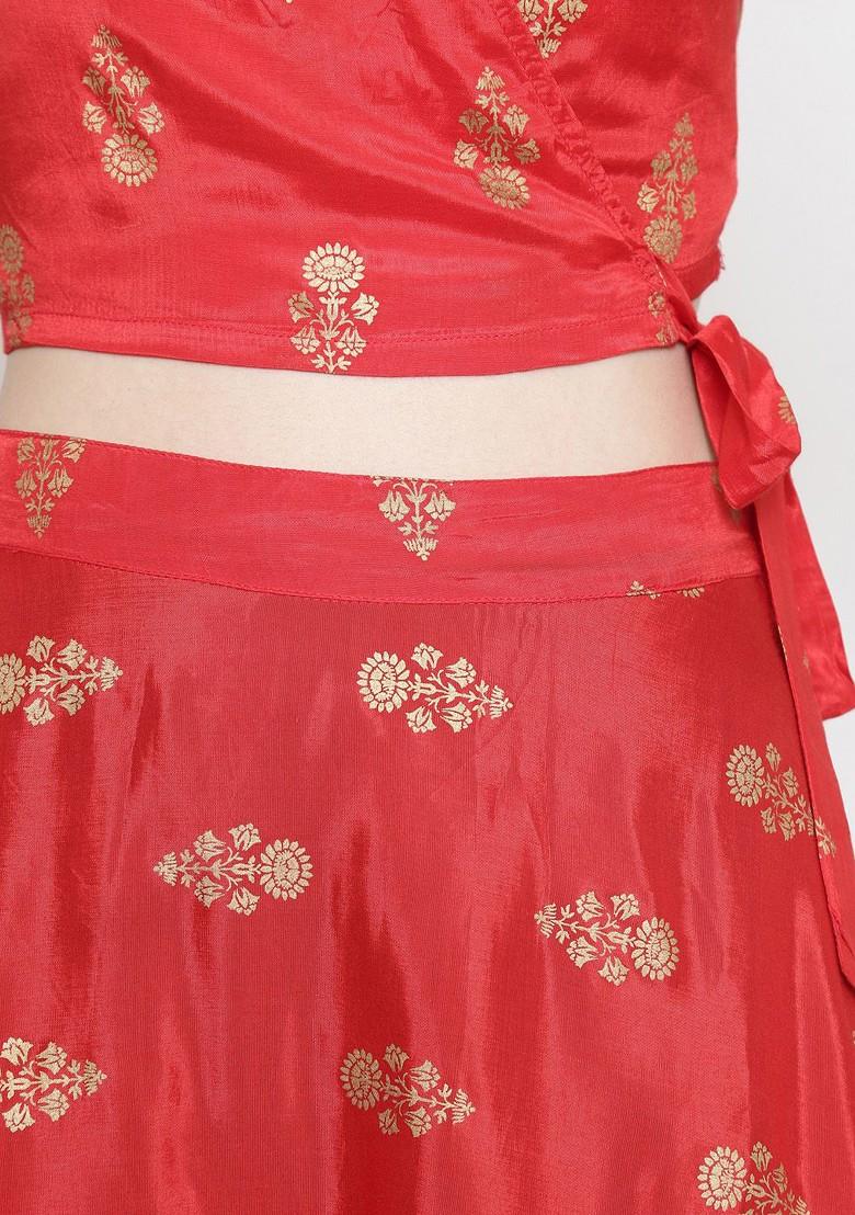 Red Emboridered Blended Lehenga Choli - Indya