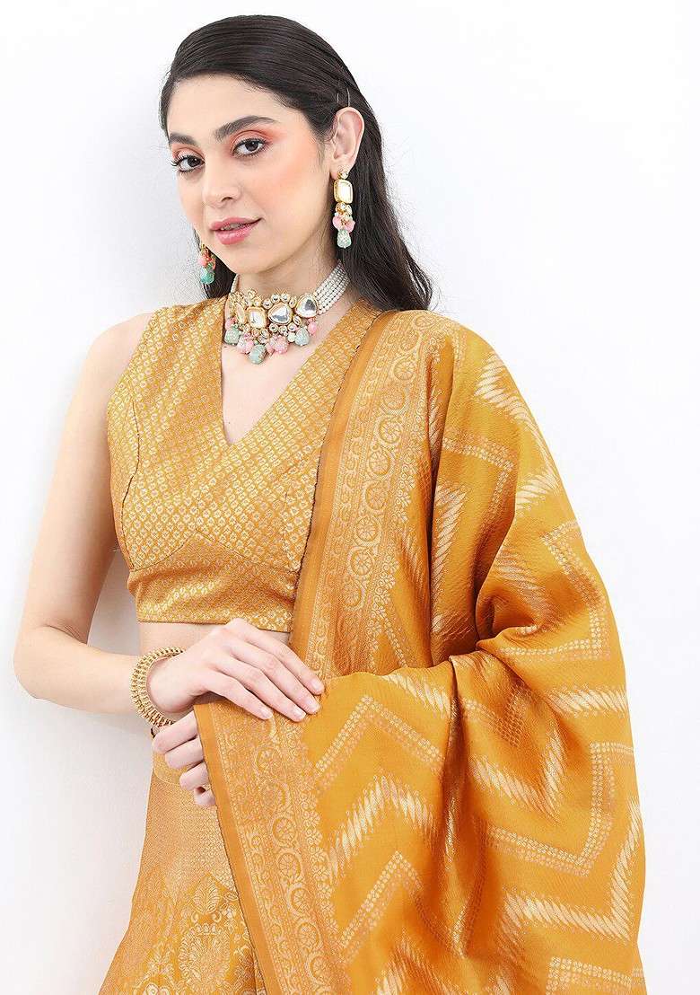 Mustard Emboridered Blended Lehenga Choli - Indya