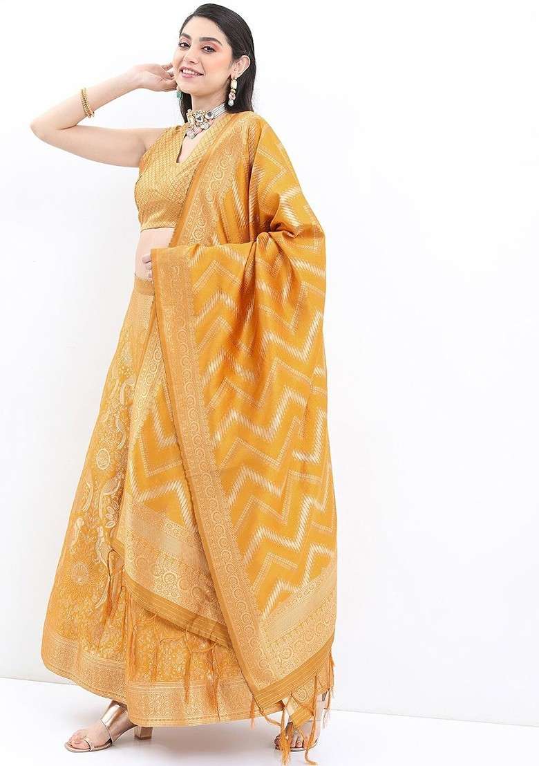 Mustard Emboridered Blended Lehenga Choli - Indya
