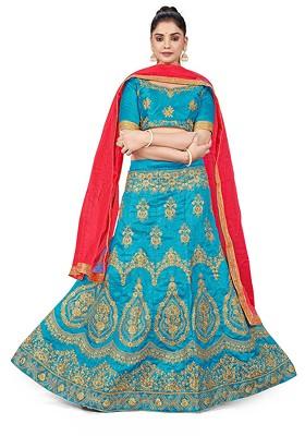Turquoise Blue Embellished Blended Lehenga Choli