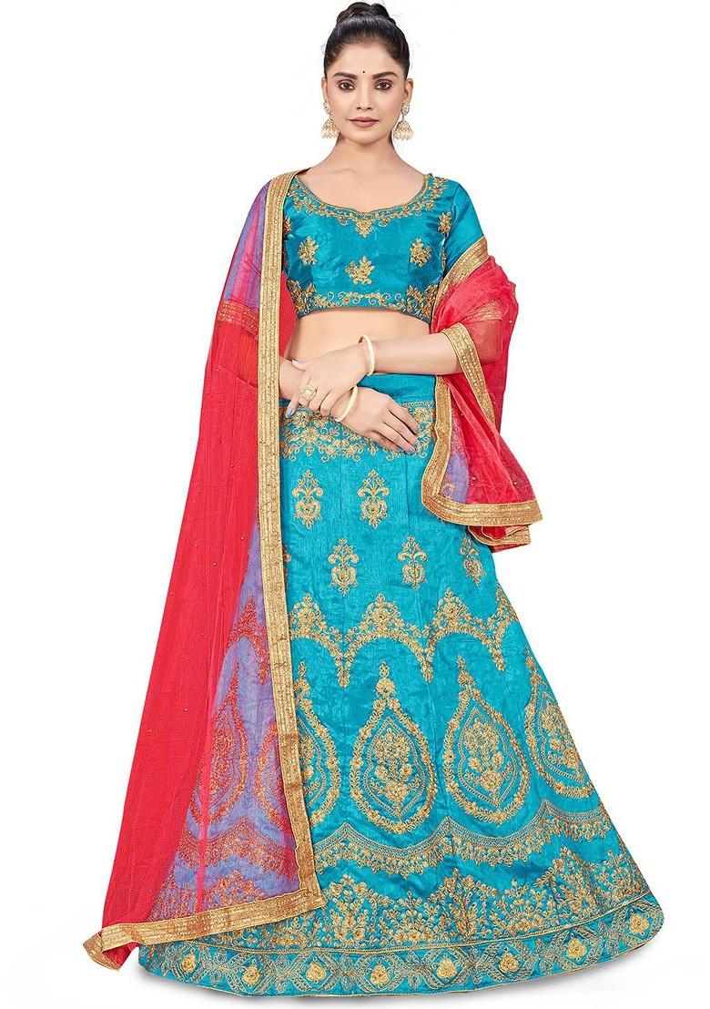 Turquoise Blue Embellished Blended Lehenga Choli - Indya
