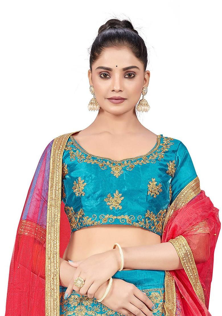 Turquoise Blue Embellished Blended Lehenga Choli - Indya