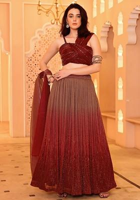 Maroon Embellished Blended Lehenga Choli