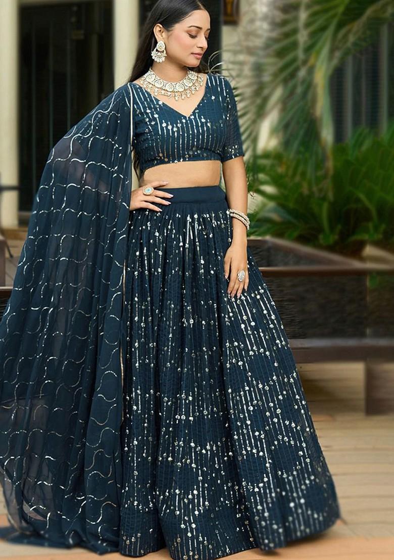 Navy Blue Emboridered Blended Lehenga Choli - Indya