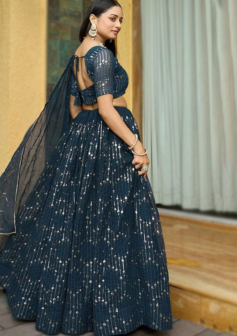 Navy Blue Emboridered Blended Lehenga Choli - Indya