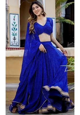 Navy Blue Printed Blended Lehenga Choli
