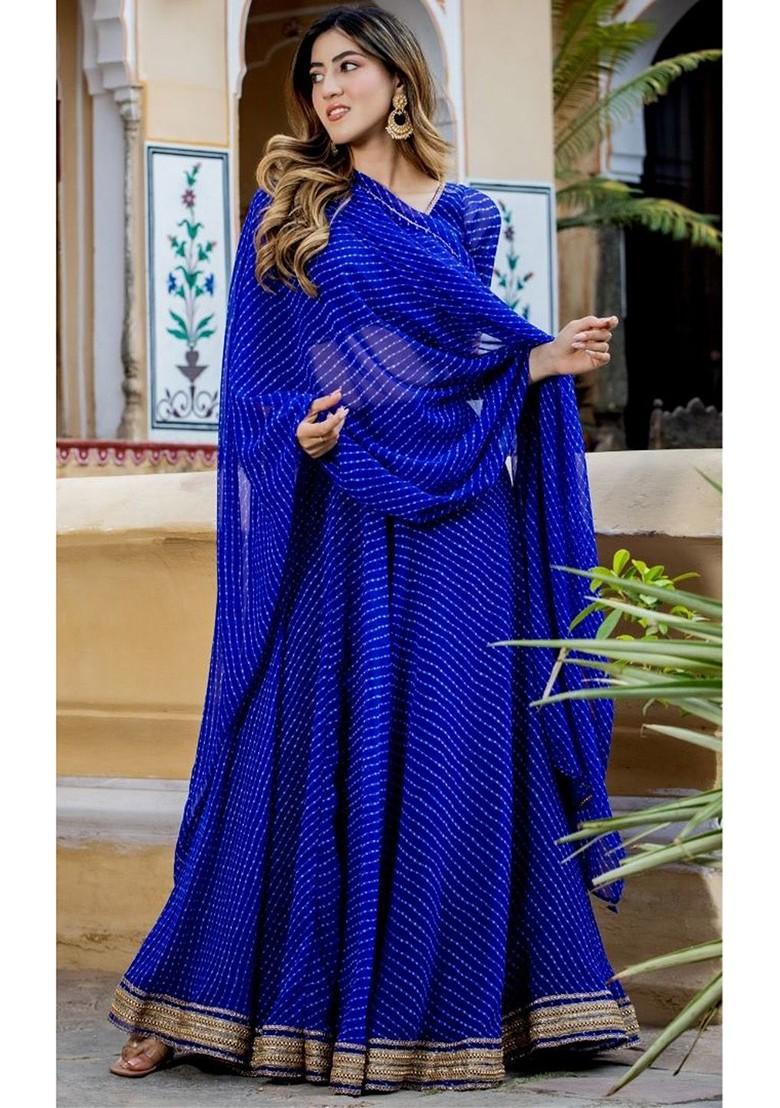 Navy Blue Printed Blended Lehenga Choli - Indya