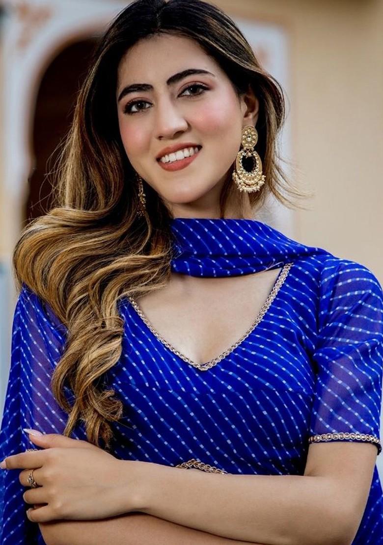 Navy Blue Printed Blended Lehenga Choli - Indya