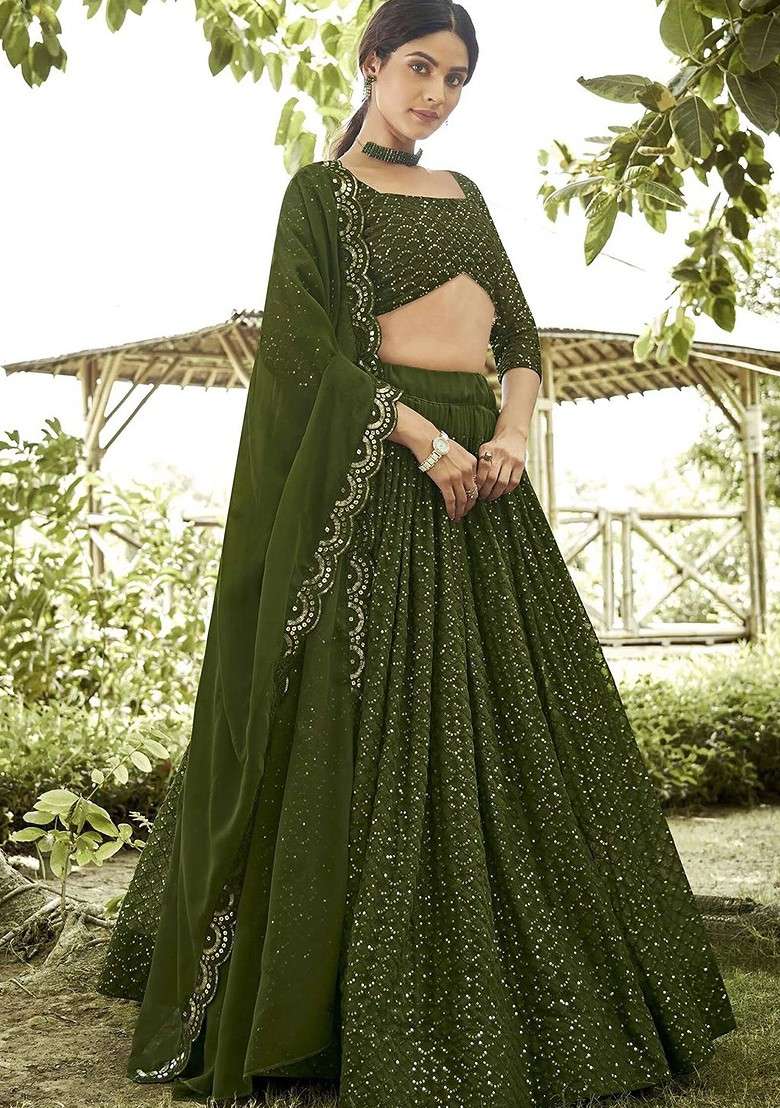 Olive Emboridered Blended Lehenga Choli - Indya