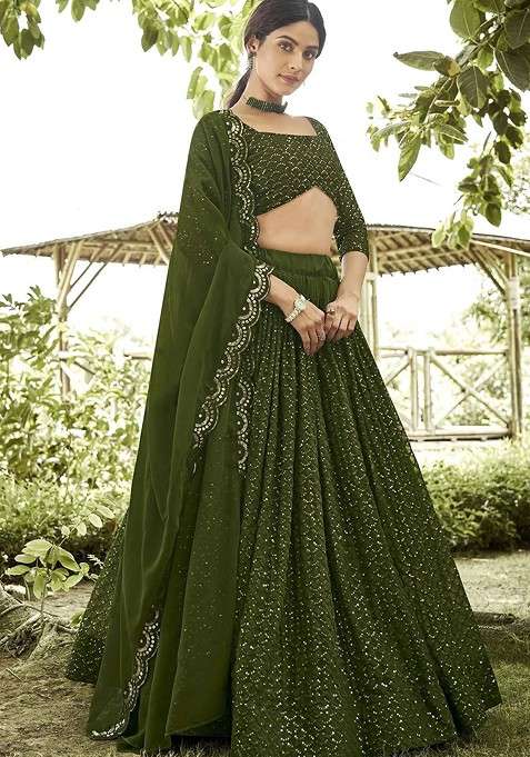 Olive Emboridered Blended Lehenga Choli