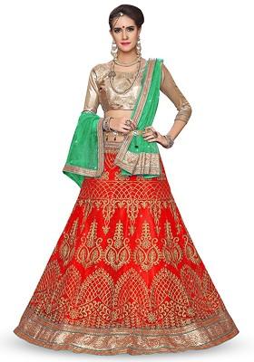 Red Emboridered Blended Lehenga Choli