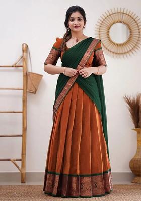 Orange Woven Design Blended Lehenga Choli