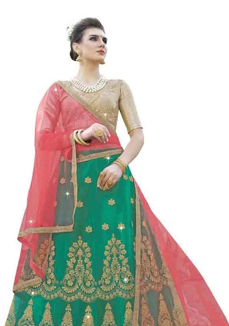 Green Emboridered Blended Lehenga Choli - Indya