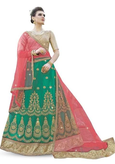 Green Emboridered Blended Lehenga Choli — view on Indya