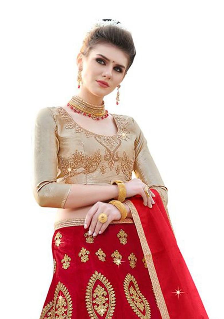 Red Emboridered Blended Lehenga Choli - Indya