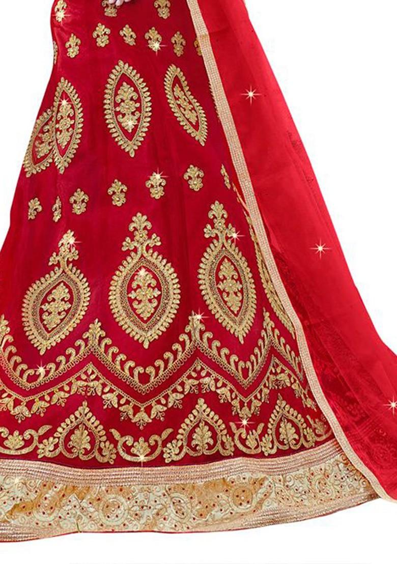 Red Emboridered Blended Lehenga Choli - Indya