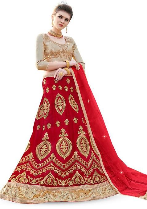 Red Emboridered Blended Lehenga Choli — view on Indya