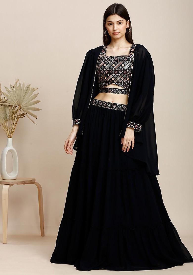 Navy Blue Emboridered Blended Lehenga Choli - Indya