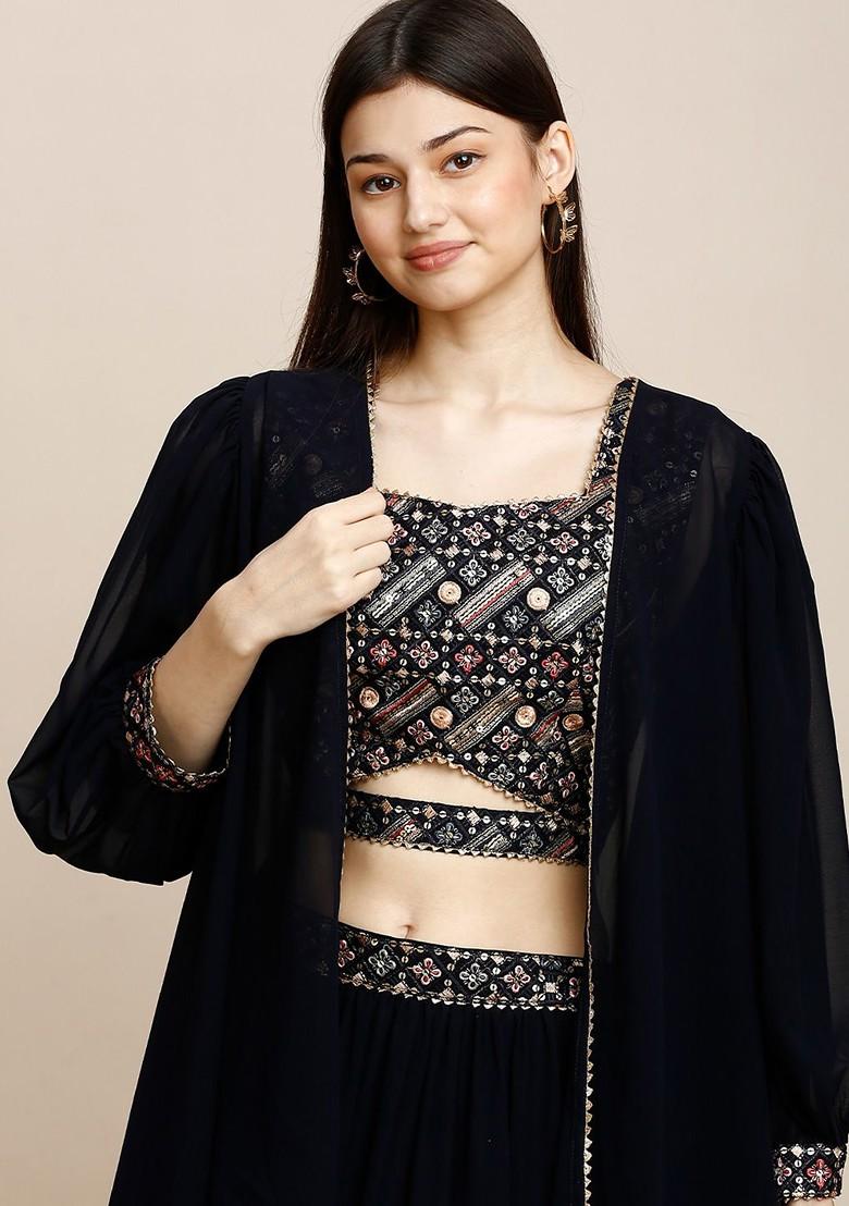 Navy Blue Emboridered Blended Lehenga Choli - Indya