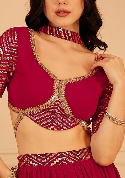 Maroon Embellished Blended Lehenga Choli