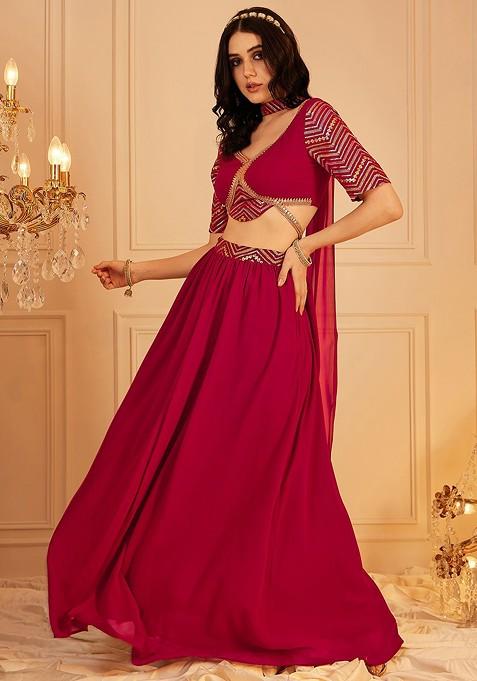 Maroon Embellished Blended Lehenga Choli