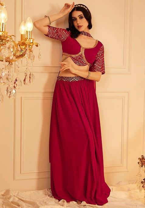 Maroon Embellished Blended Lehenga Choli