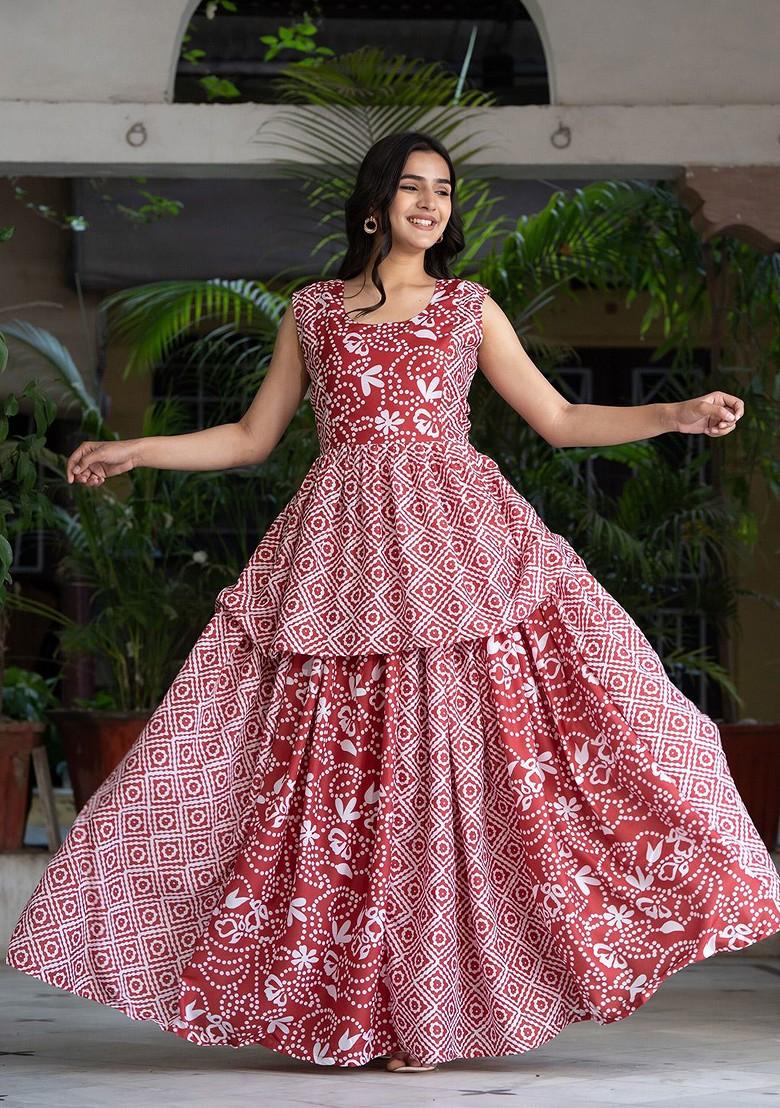 Red Printed Blended Lehenga Choli - Indya