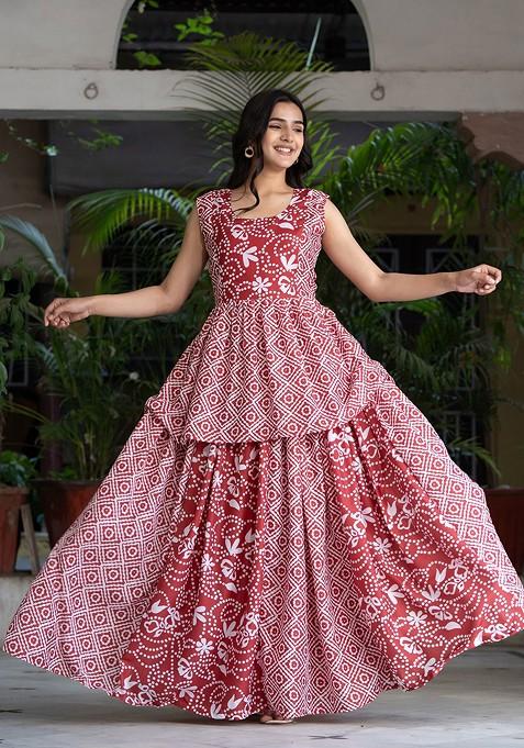 Red Printed Blended Lehenga Choli — view on Indya