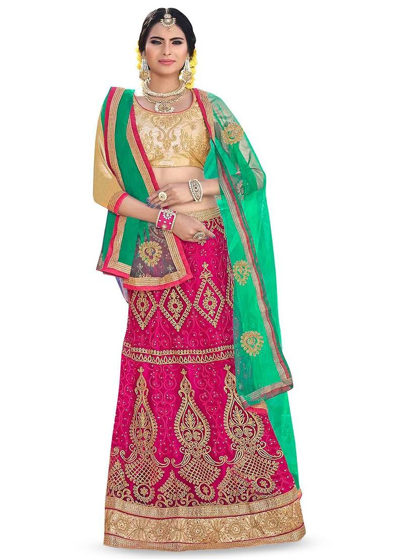 Pink Emboridered Blended Lehenga Choli - Indya