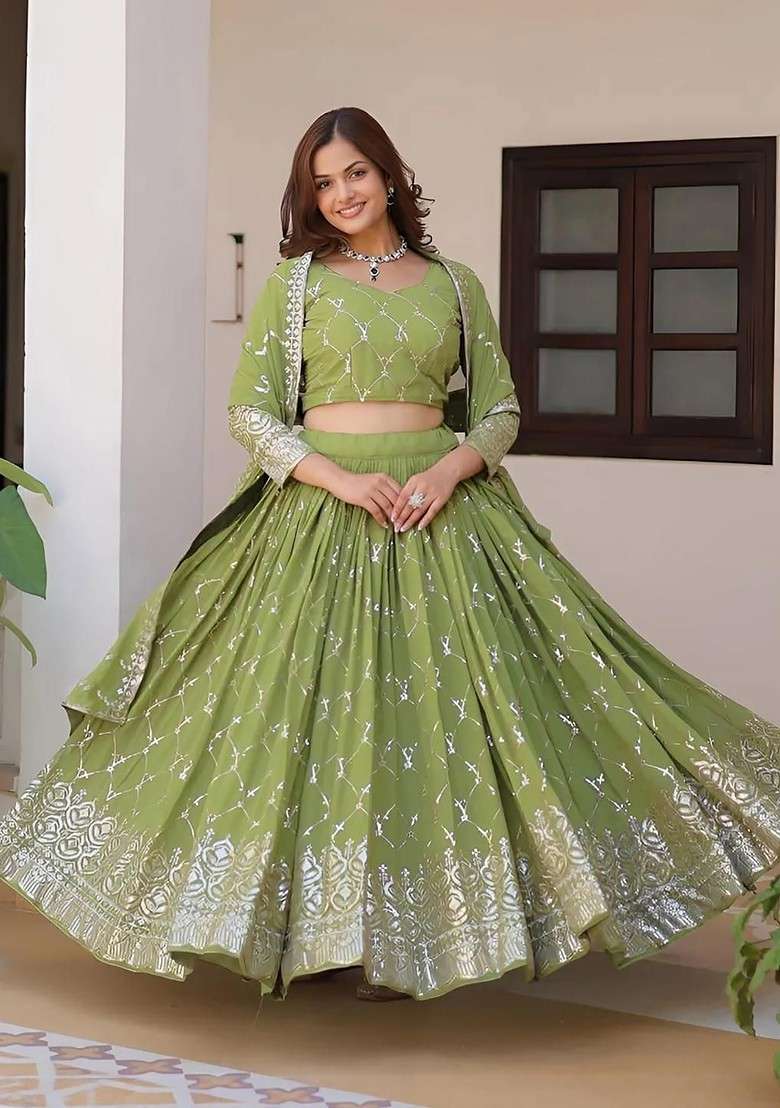 Green Embellished Blended Lehenga Choli - Indya