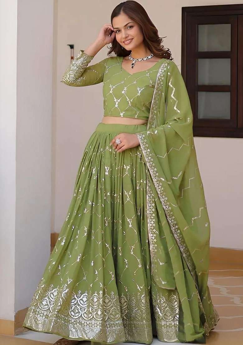 Green Embellished Blended Lehenga Choli - Indya