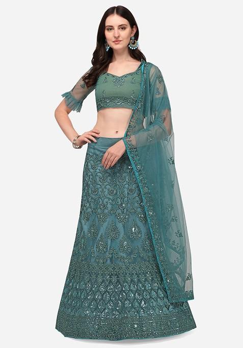 Turquoise Blue Emboridered Blended Lehenga Choli — view on Indya