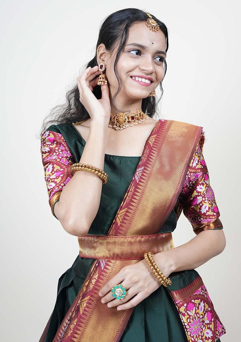 Green Woven Design Blended Lehenga Choli - Indya