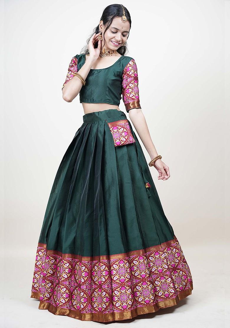 Green Woven Design Blended Lehenga Choli - Indya