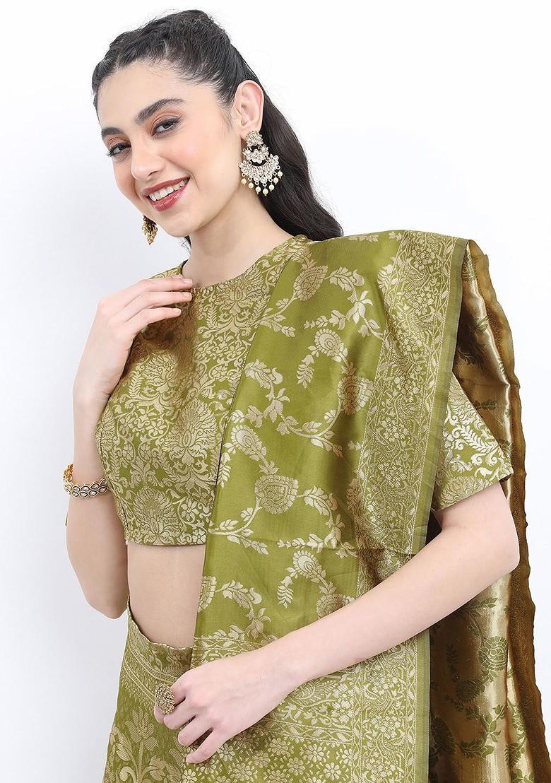 Green Emboridered Blended Lehenga Choli - Indya