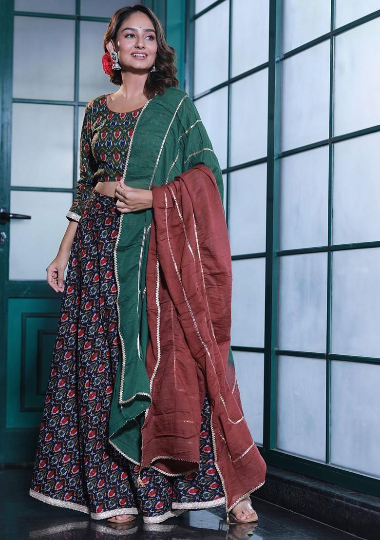 Green Printed Blended Lehenga Choli