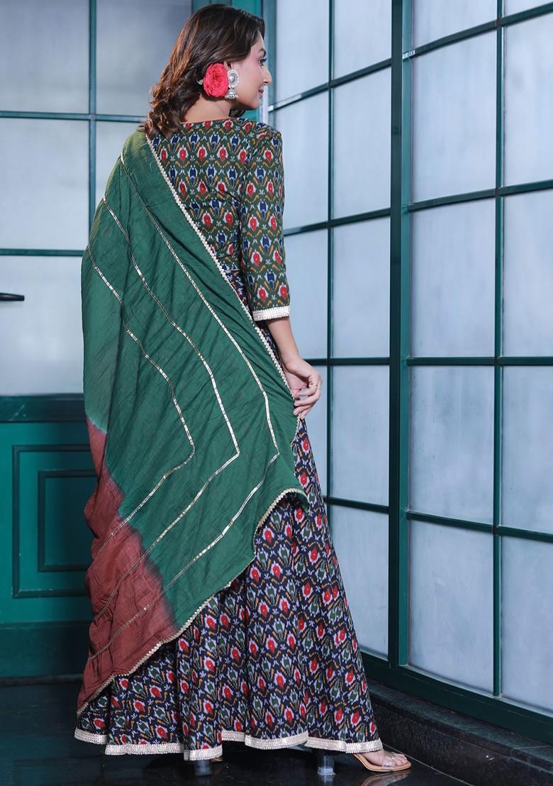 Green Printed Blended Lehenga Choli - Indya