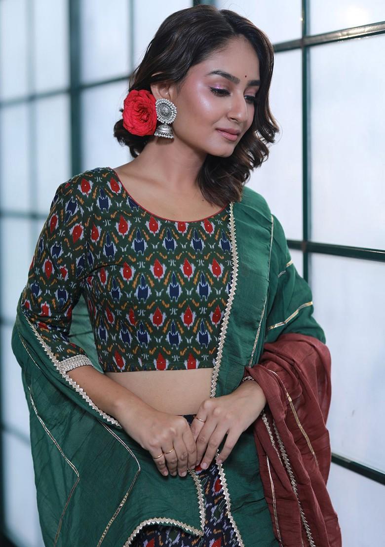 Green Printed Blended Lehenga Choli