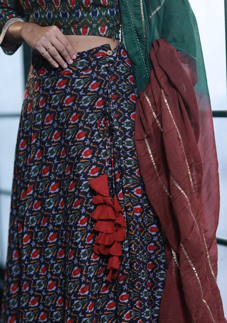 Green Printed Blended Lehenga Choli - Indya