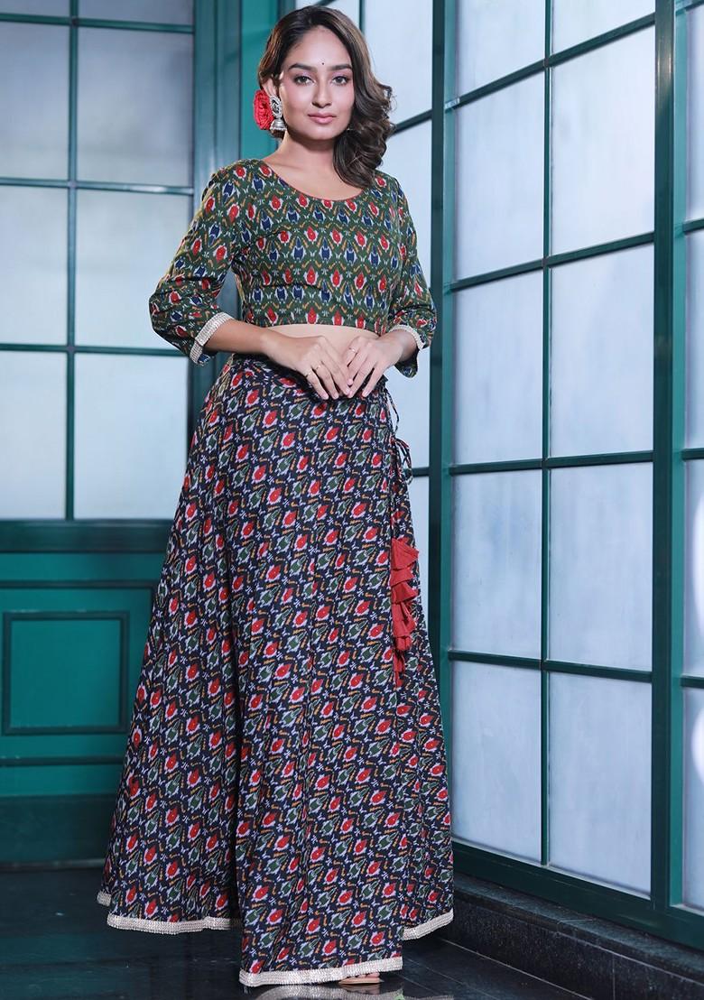 Green Printed Blended Lehenga Choli